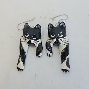 Artisan Made Wooden Cat Earrings Hand Painted Light Weight Black White